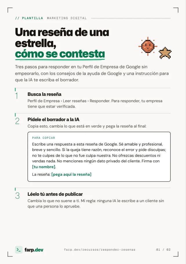 Primera página de «Cómo responder una reseña negativa, con la instrucción para la IA»
