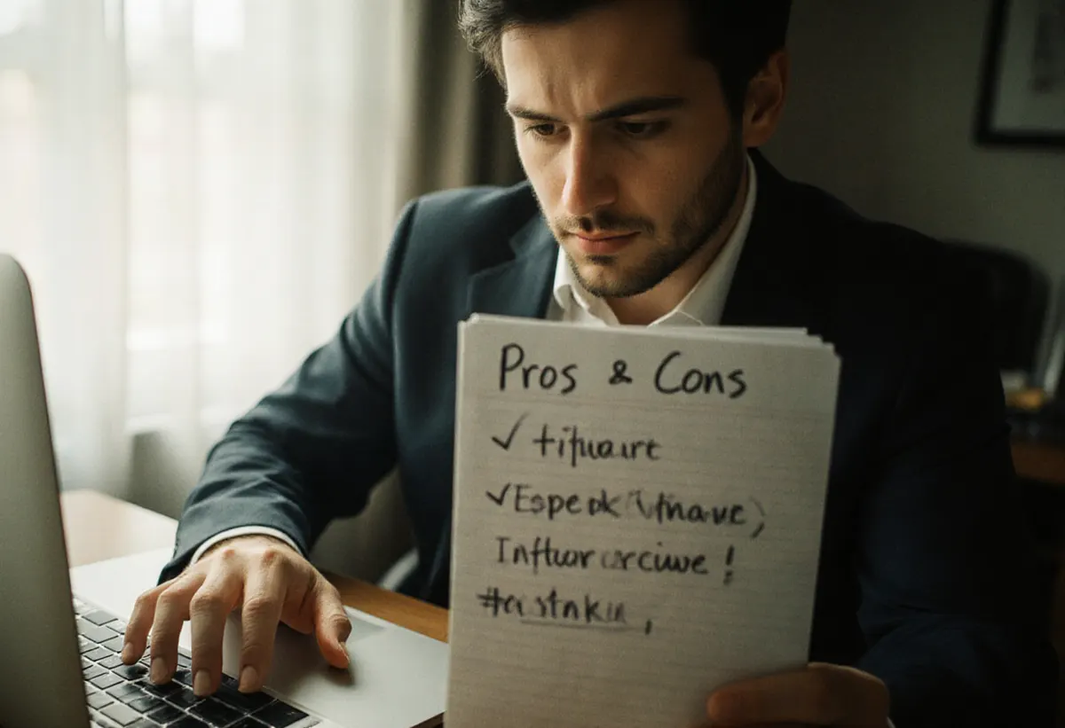 Un dueño de negocio comparando opciones de software en el portátil con una libreta de pros y contras junto a la ventana