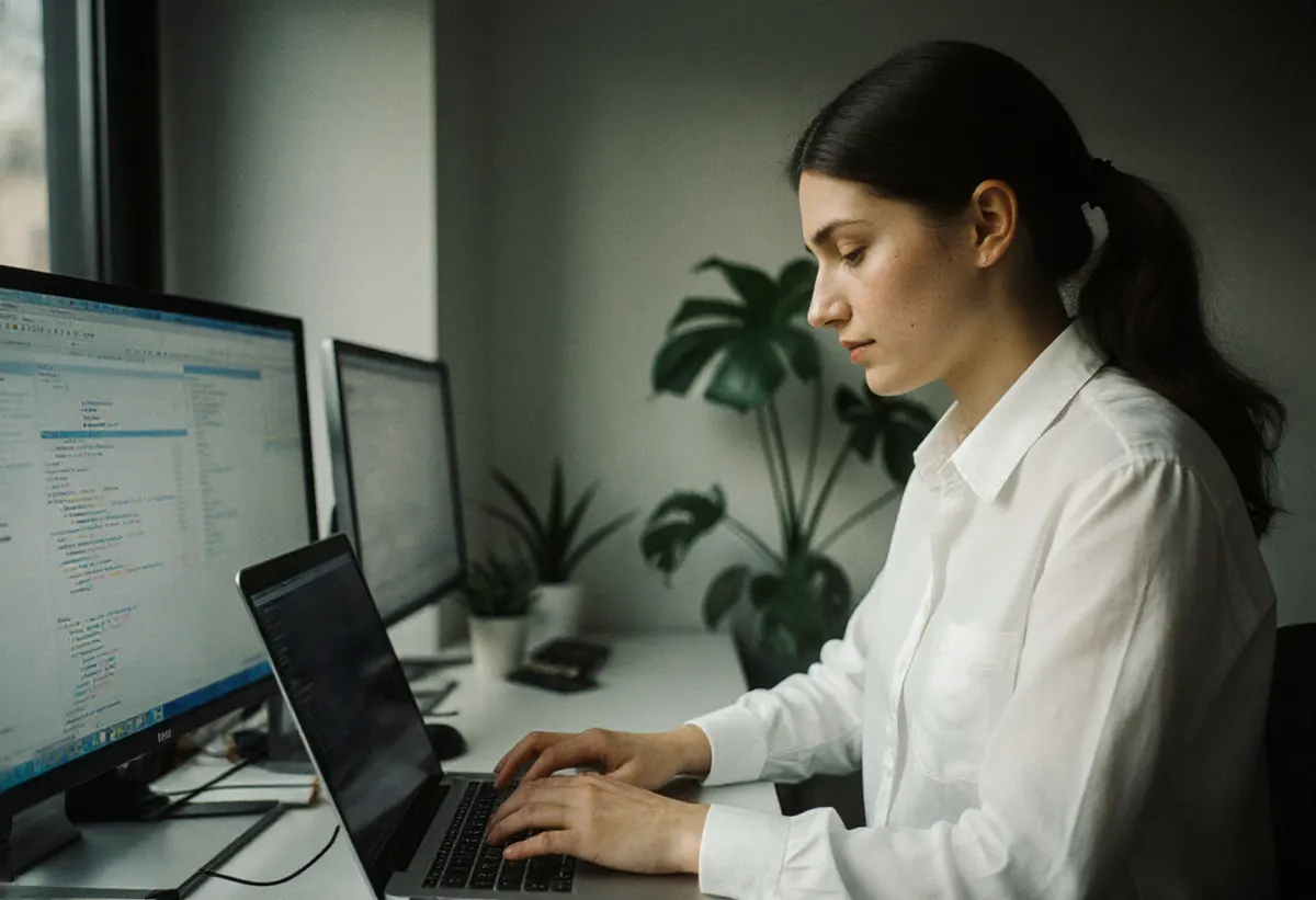 Una integrante del equipo organizando un espacio de trabajo en el portátil con un segundo monitor y plantas en el escritorio