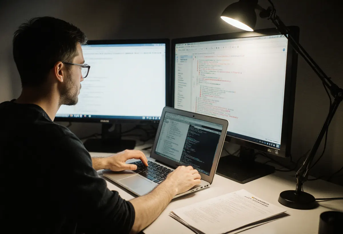 Un desarrollador ejecutando una revisión de SEO técnico en el portátil con una lista de comprobación al lado y doble monitor